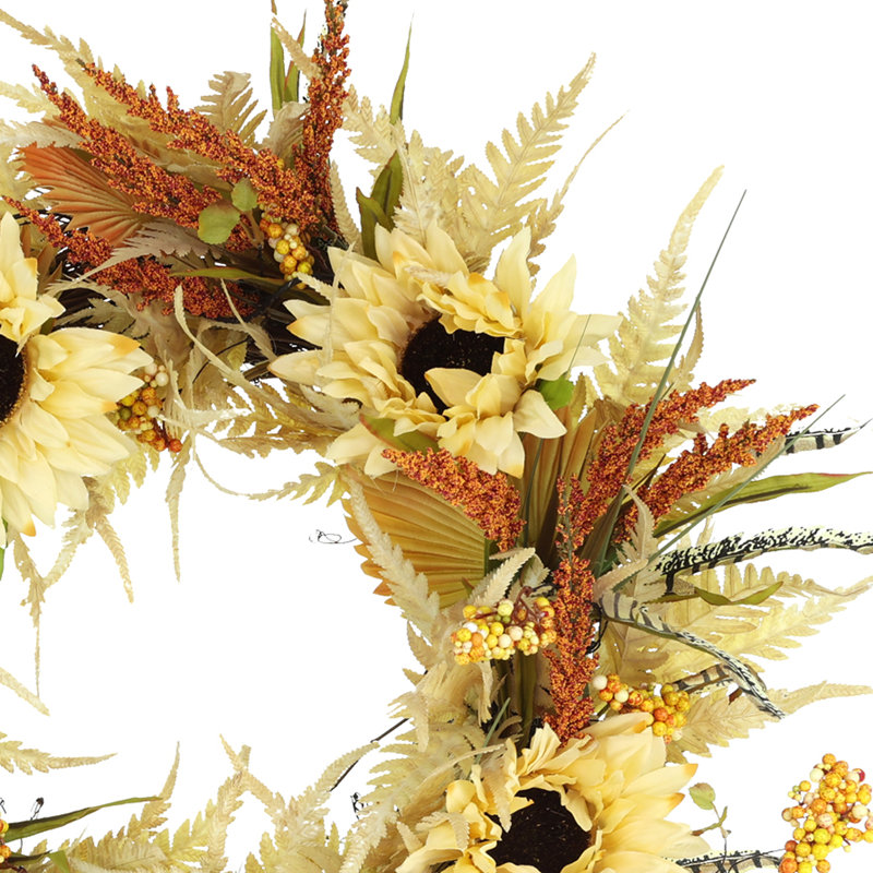 22" Fall Sunflower and Heather Wreath, Orange/Cream