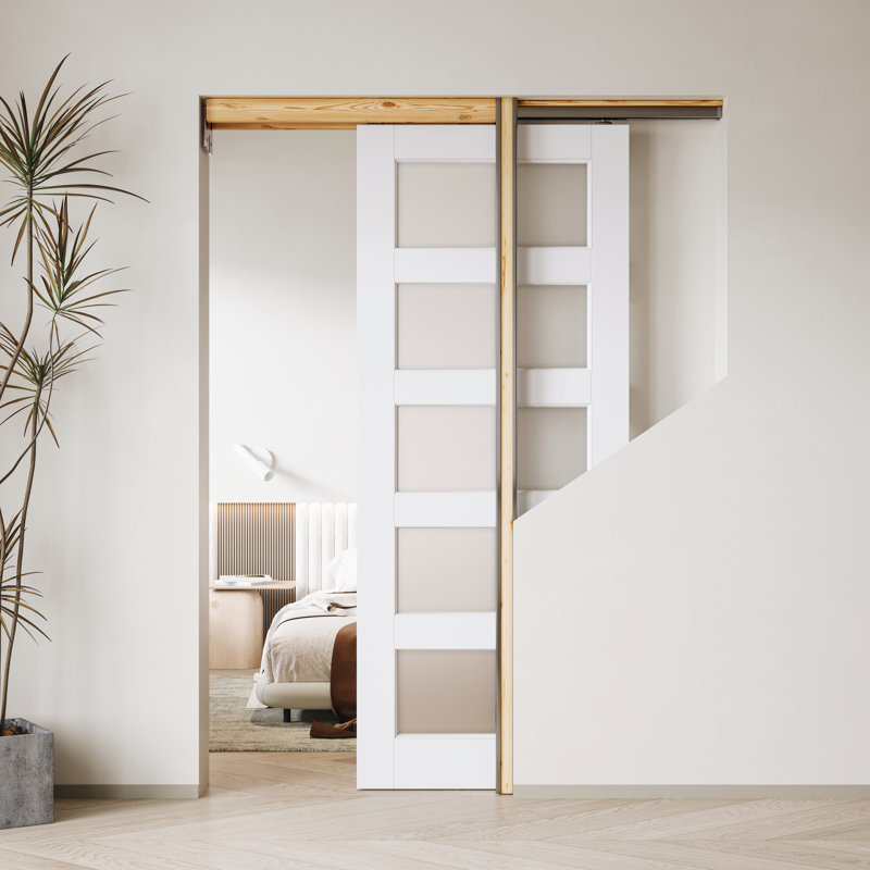 Frosted Glass 5-Lite Sliding Pocket Door White Standard Door with Hardware Kit Set, 32" x 80"