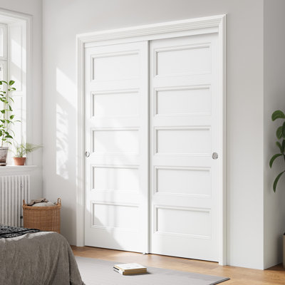  No Assembly Required Finished– 60" x 80" Height Flat 5-Panel Smooth White Primed Sliding Closet Doors with Installation Hardware Kit and Pull