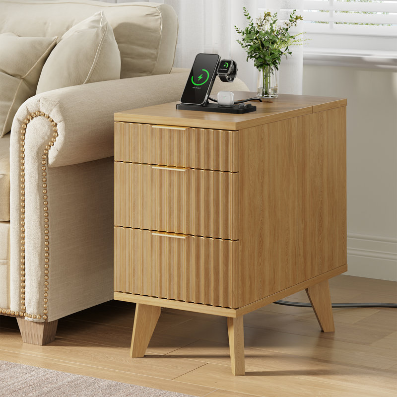 Table de bout avec tiroirs et station de charge (ensemble de 2), Bois naturel