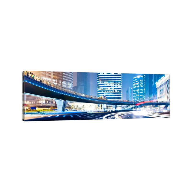 Streets At Night In The City Panoramic Skyline Cityscape - Wrapped Canvas Panoramic Print