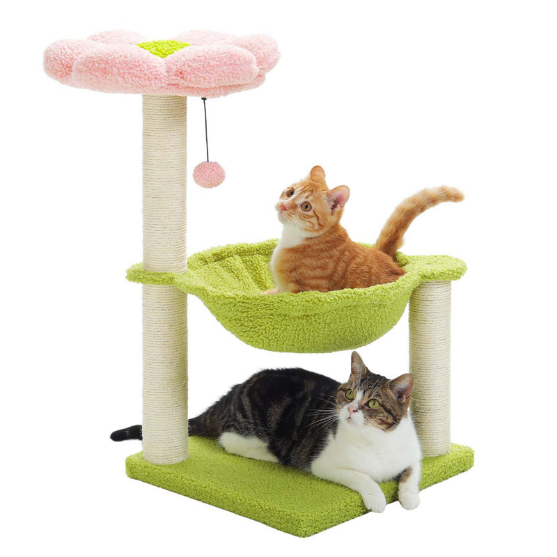 28" Cat Tower With Cozy Flower Perch, Large Hammock With 2 Replaceable Compostable Scoop