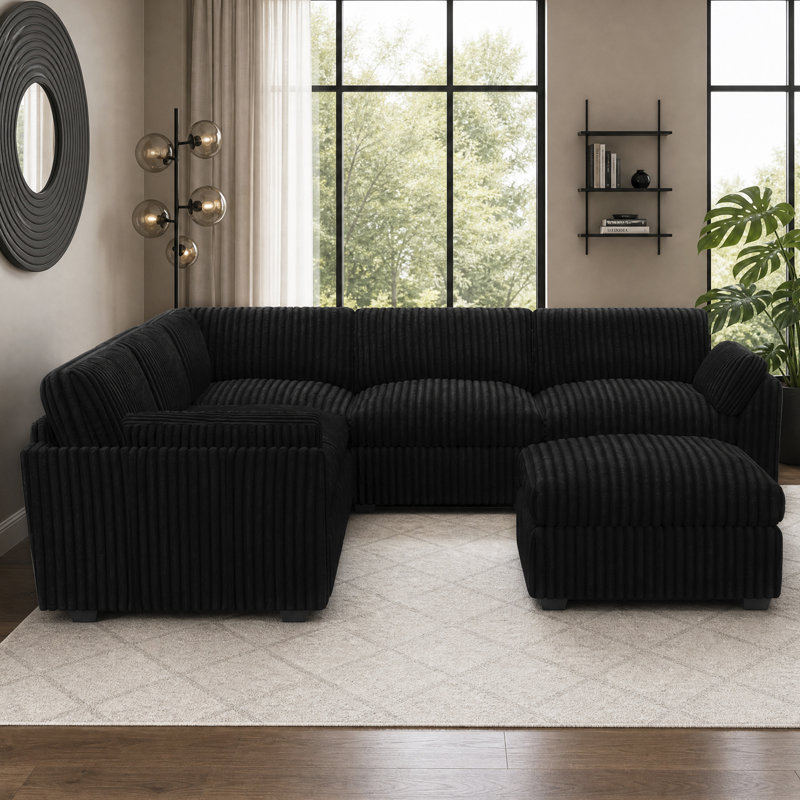 Corduroy Modular L - Shaped Sectional Sofa With Removable Ottoman, Black Corduroy