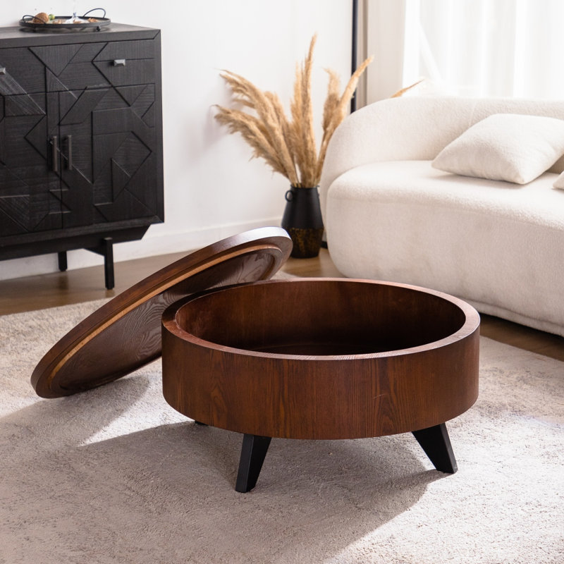 Table basse ronde avec plateau de rangement caché amovible, tables basses rondes modernes de luxe, table centrale circulaire plaquée en bois massif avec piédestal robuste pour le salon, assemblage facile