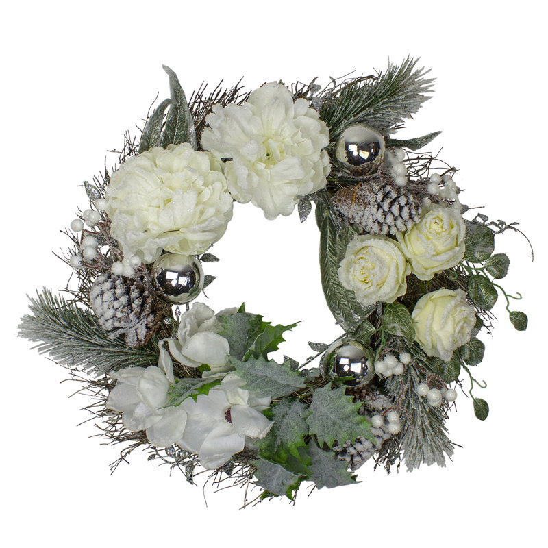 Couronne de Noël en pin artificiel blanc et argent