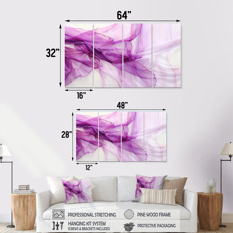Whie and Mauve Fab Waves I - Art géométrique abstrait 4 pièces, H 28 po x l 48 po