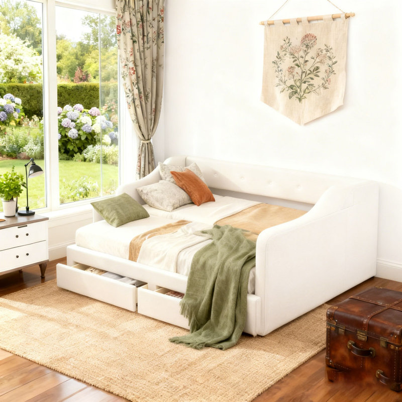 Twin XL to King Size Upholstered Daybed with Two Drawers