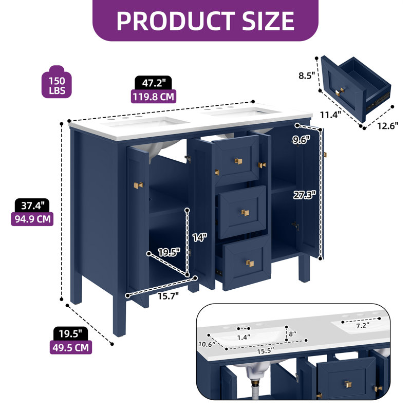 47" Double Sink Bathroom Vanity With Engineered Stone Top, Ceramic Sink, Blue