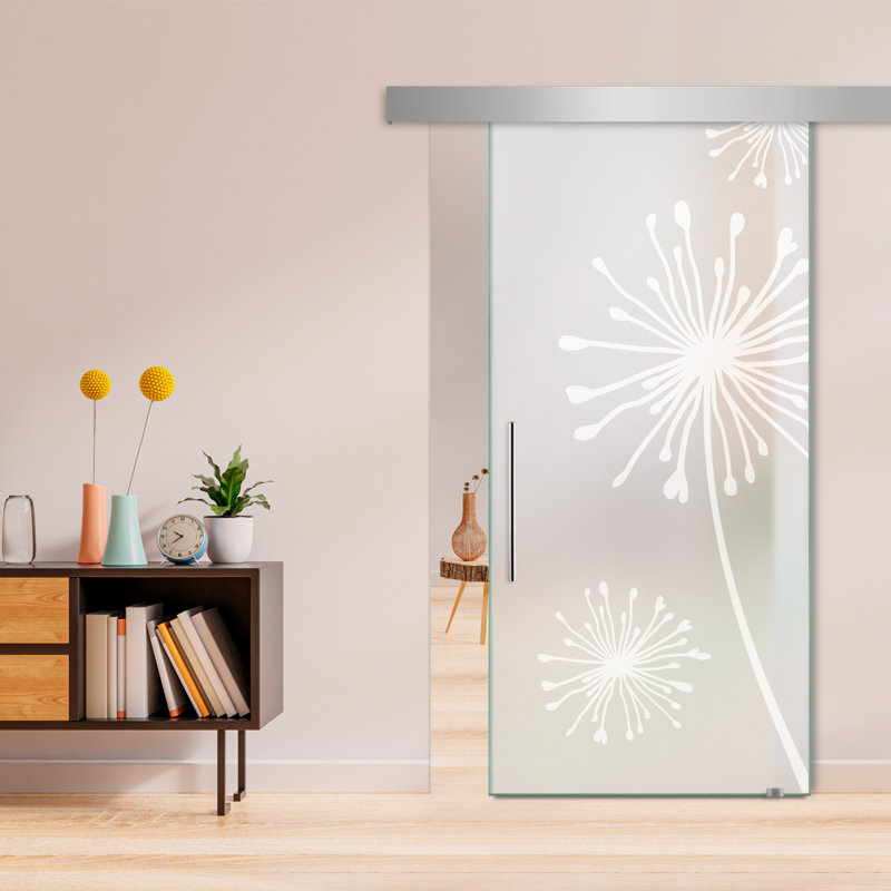 Porte de grange coulissante en verre sans cadre avec design moderne sablé + ensemble de quincaillerie (double-privée)