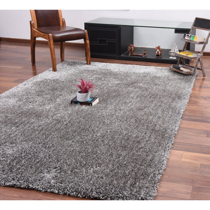 Tapis gris à poil long fabriqué à la main Ayumi, Rectangle 5 pi x 8 pi