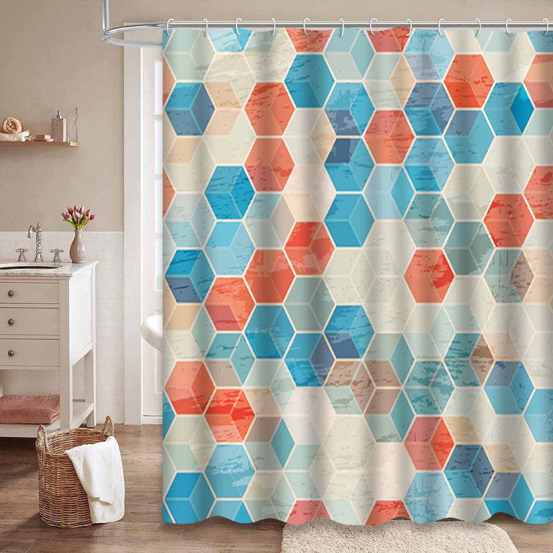 Rideau de douche bleu à motif géométrique bleu sarcelle avec 12 crochets, L 72 po x l 72 po