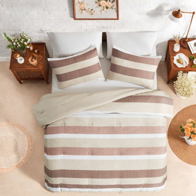 Ensemble de literie à rayures de qualité supérieure, édredon en polyester avec taies décoratives assorties, lit double terre cuite / grand