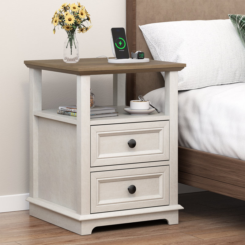 Chaky 2 - Drawer Nightstand with Storage and Built-In Outlets, White/Brown