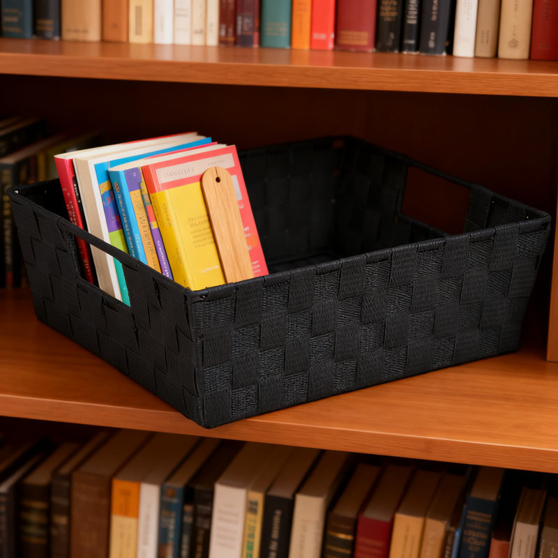 Panier de rangement rectangulaire robuste avec poignées intégrées, structure en acier et tissu en polypropylène tissé pour l'organisation à la maison