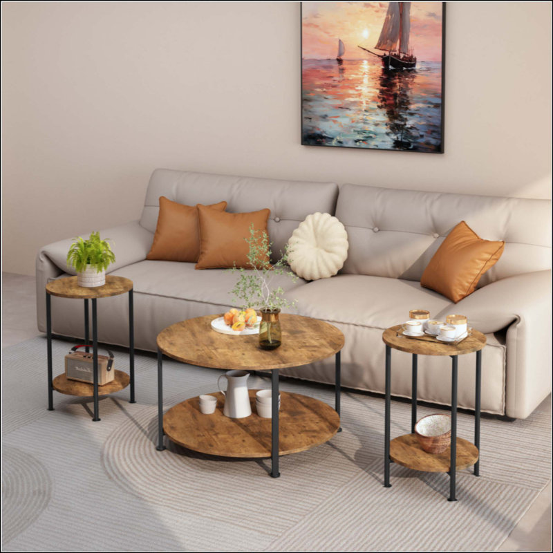 3-Piece Industrial Farmhouse Coffee Table & End Table Set, Round 2-Tier Storage Table Set for Living Room & Apartment