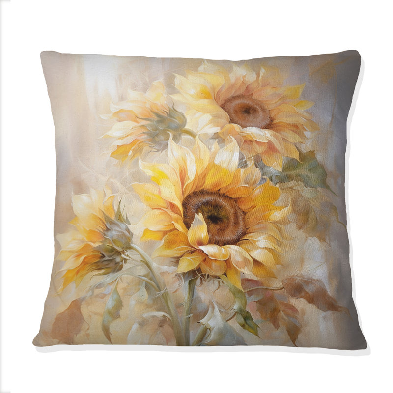 Coussin Beige Sunflowers Impression romantique - Impression de tournesols, 16" x 16"