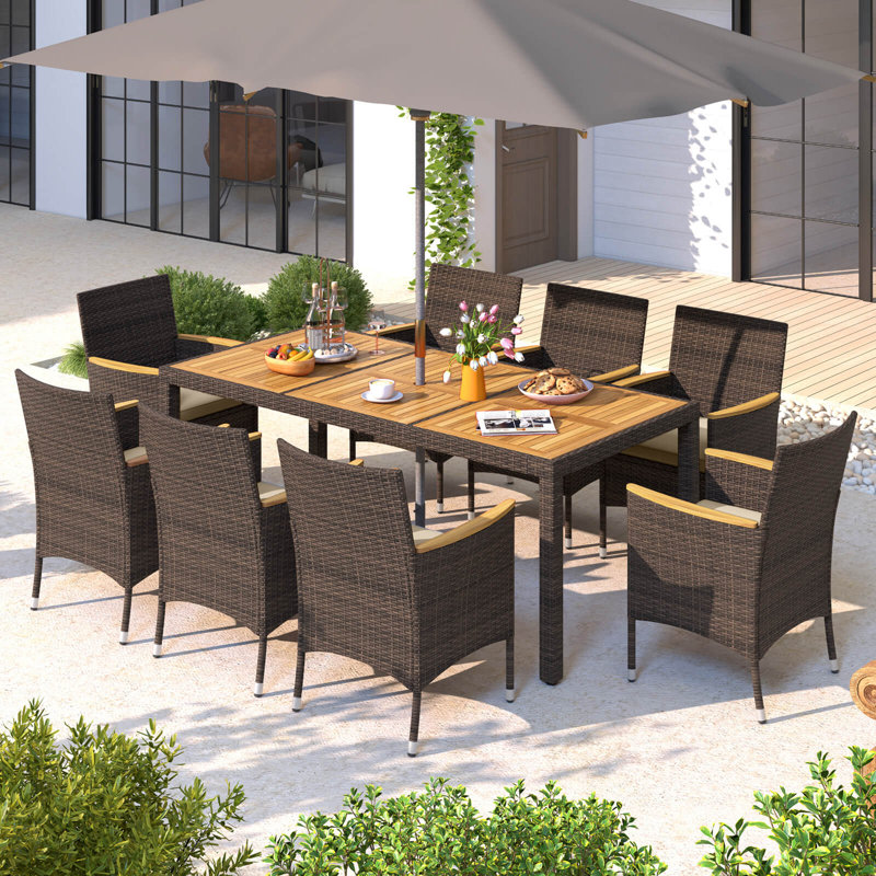 9 Pcs Outdoor Dining Set With Acacia Wood Table Top Patio Dining Set For 8 People, Beige