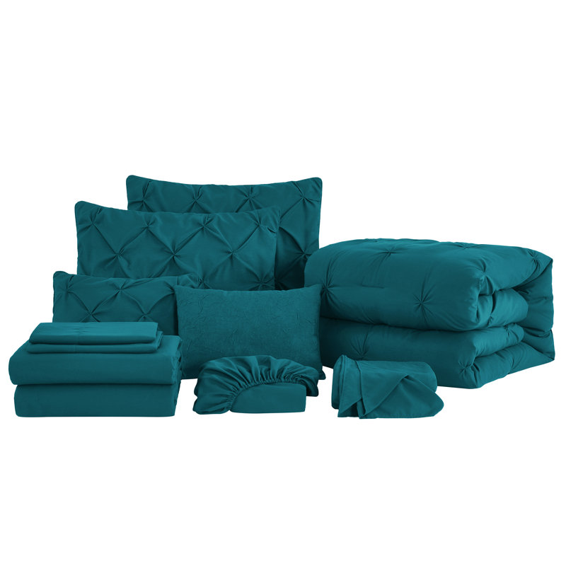 10-Piece Pintuck Bed in a Bag Comforter Set with Sheets and Decorative Pillows, King Comforter + 9 Additional Pieces, Teal