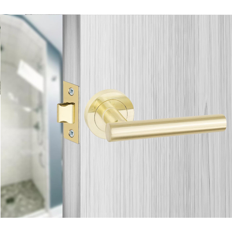  6 Set Straight T-Bar Design Door Handles in Satin Brass Finish with Tubular Latch and 1 Pair of 3" Ball Bearing Hinges