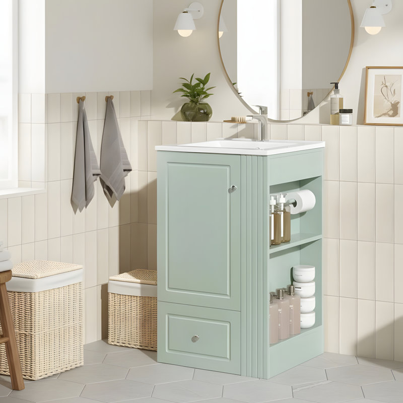 Meuble-lavabo autoportant avec lavabo en céramique, Vert