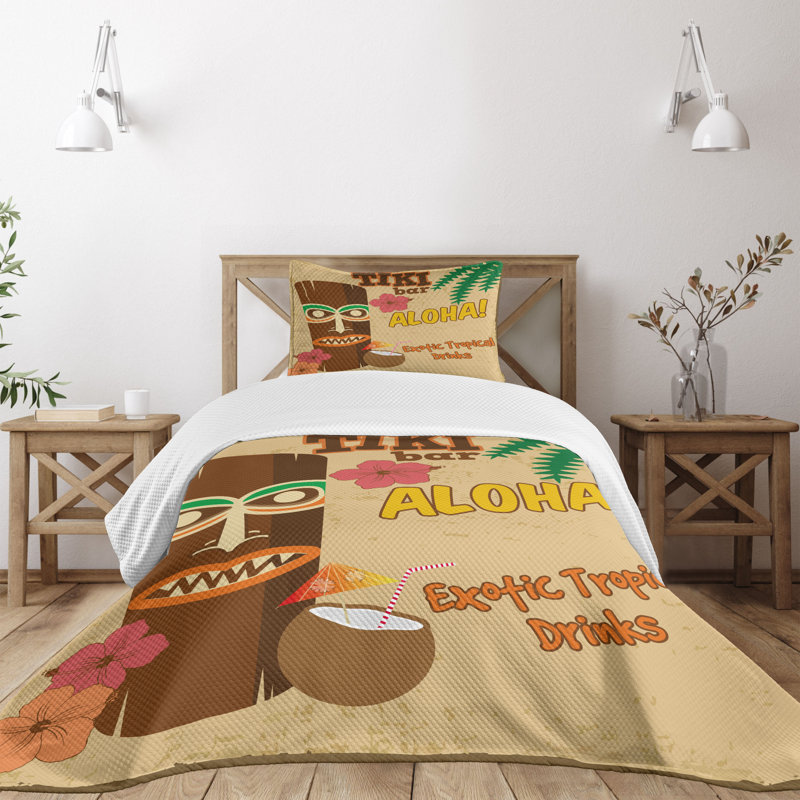 Ambesonne Tiki Bar Bedspread Set Old Drink Multicolor