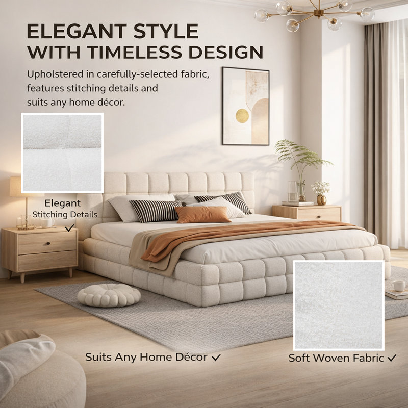 Élégant lit plateforme tapissier avec tête de lit tapissier et structure solide, Blanc, Grand lit