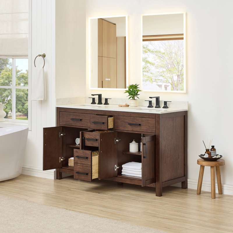 Ensemble de meuble-lavabo double 60 po Beckett, Noyer foncé avec bordure noir mat, Comptoir en marbre de culture de Carrare