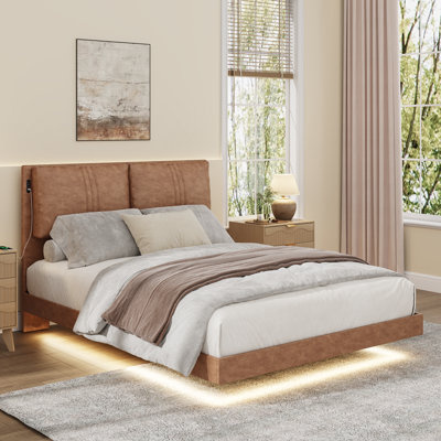 Queen Size Floating Platform Bed Frame with LED Lights and Charging Station, Vintage Faux Leather Upholstered Bed Frame