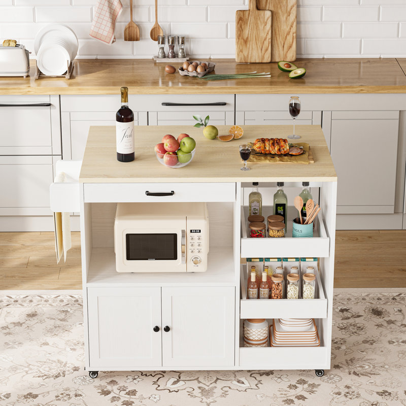 Îlot de cuisine avec espace pour micro-ondes, îlot de cuisine roulant avec battant, roulette verrouillable, 3 tablettes ouvertes, tiroir et armoire l 39,4 po x H 35,4 po