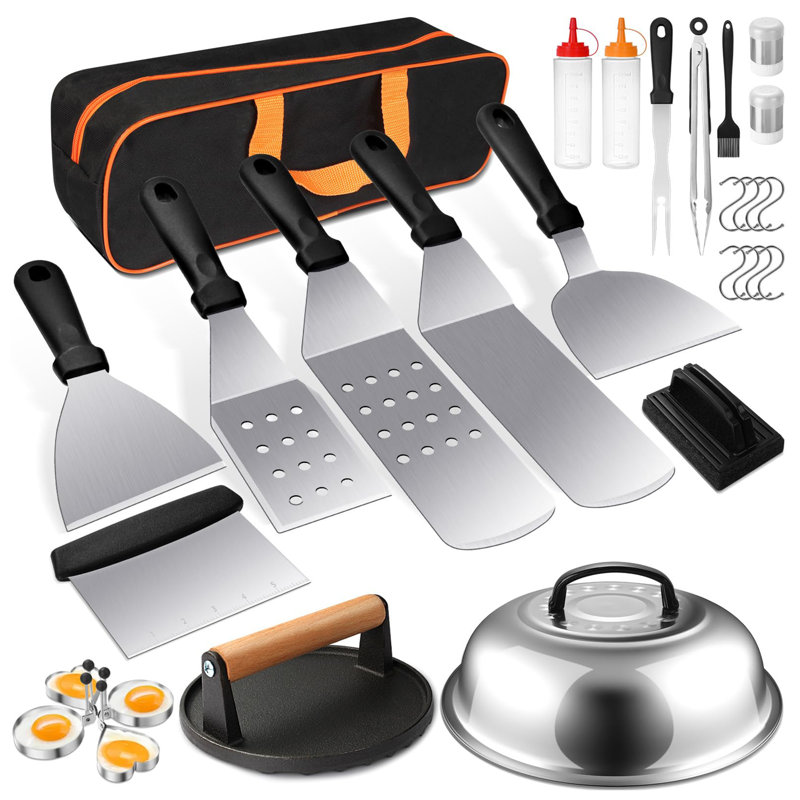 29-Piece Stainless Steel Griddle Grill Tool Set with Plastic Handles