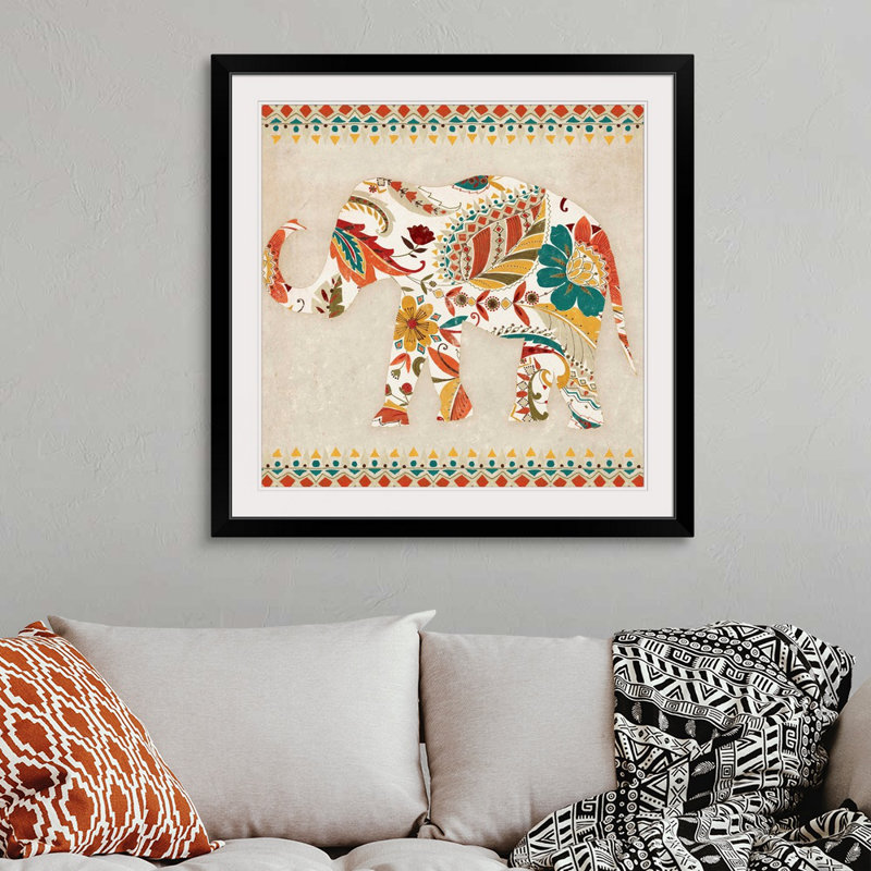 « boho éléphant ii », reproduction d’art, Cadre noir, H 38 po x l 38 po x P 1 po