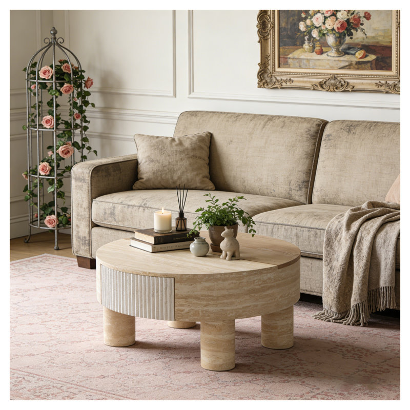 Table basse ronde avec plateau rabattable et compartiment de rangement caché - Finition en bois beige pour les petits espaces