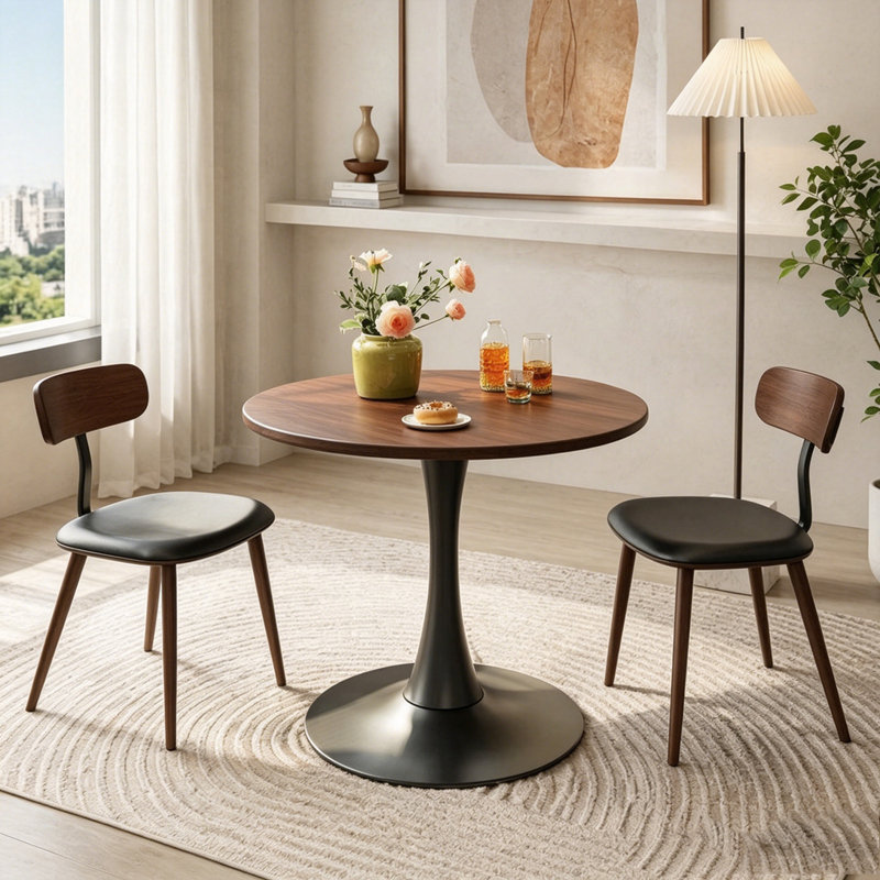 Table de salle à manger ronde en noyer avec plateau en panneau de fibres à densité moyenne, H 29,1 po x l 23,6 po, Noyer