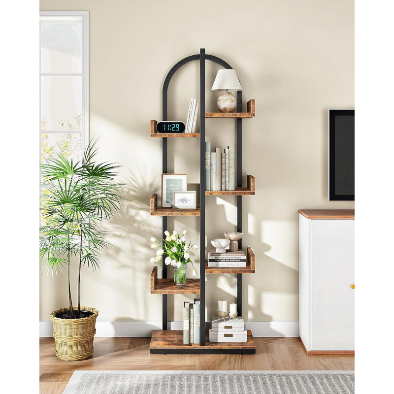 Corner Bookshelf, Curved 6-Tier Bookcase with Anti-Tip Kit, Adjustable Feet and Staggered Shelves