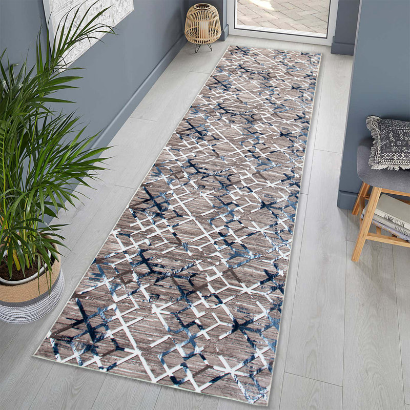 Tapis de couloir de qualité supérieure, 3,3 x 19,7 pi, vison et bleu, 100% polyester | 1500 po / m², hauteur de poils de 0,4 po | Pois antidérapants, lavable à la machine à 86 ° F, impression numérique | Idéal pour les vestibules et les espaces de vie
