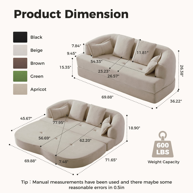  Canapé-lit convertible de 70 po, canapé-lit 2 en 1 désossé, causeuse pliable en chenille avec 4 coussins, causeuse pour petits espaces, salon, chambre à coucher, sans assemblage