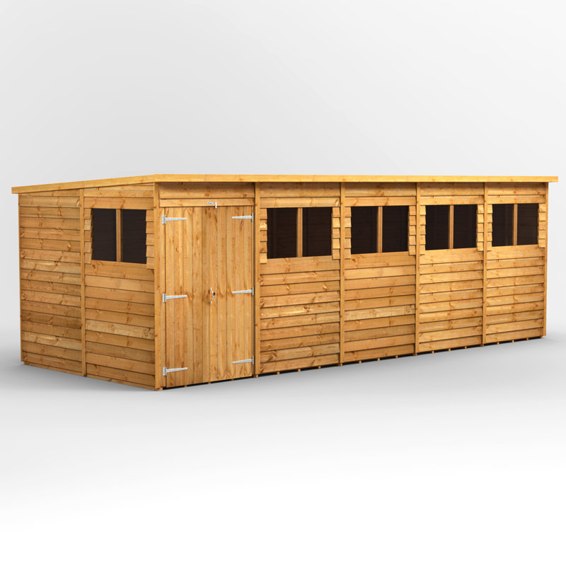 Powersheds 20 x 8ft Timber Overlap Pent Garden Shed, Double Doors