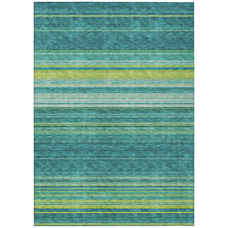 Teal Striped Machine Washable Indoor/Outdoor Rug 3' x 5'