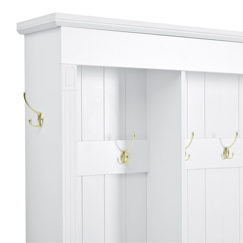 [Assembly Video] Elegant APP Controlled LED Light Hall Tree with 9 Hooks, Roman Column Design Natural Storage Bench with 3 Large Cabinets, Farmhouse Entryway Organizer with Shelves for Hallway, White