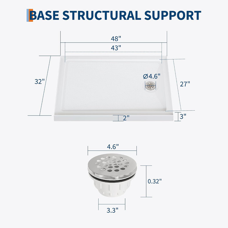 Receveur de douche 122 x 81 cm (48 x 32 po) - Bonde à droite, surface texturée antidérapante, base de douche à seuil unique en ABS avec trousse de bonde, installation facile, blanc