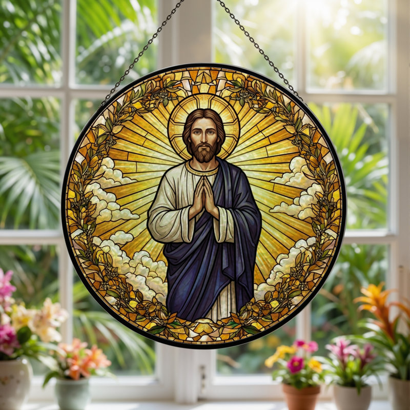 Panneau de vitrail Jésus en prière, 7,8 heures, H 7,8 po