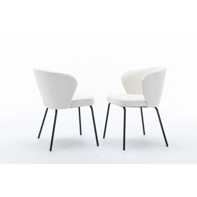 Set Of 2 Boucle Fabric Dining Chairs With Black Metal Legs