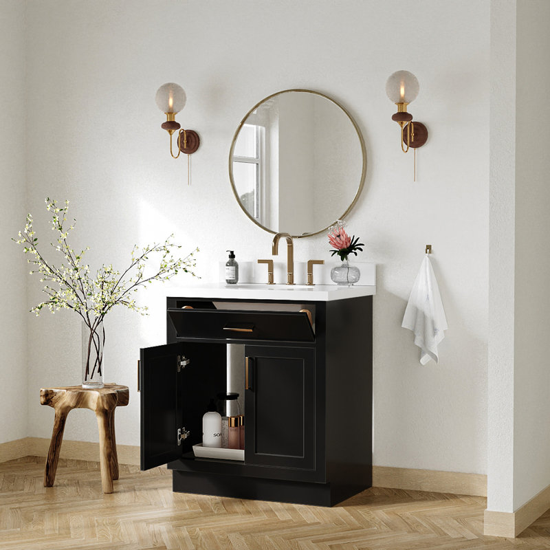 Meuble-lavabo simple 30 po en bois massif avec plateau en quartz 1,5 po Thornaby, Ovale, Noir / laiton satiné