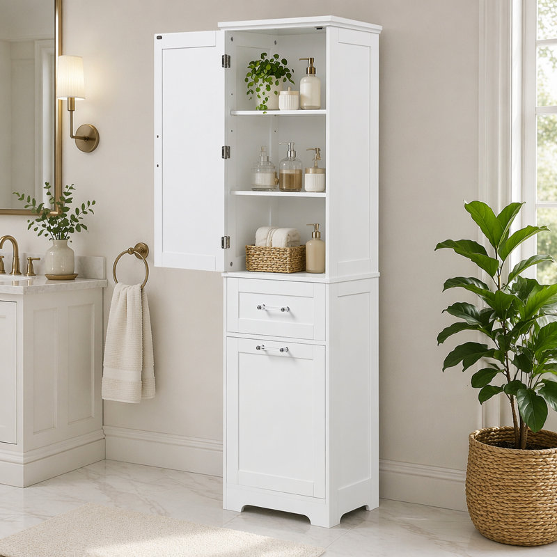 Grande armoire de rangement pour salle de bain, armoire de rangement autoportante avec deux tiroirs de tailles différentes et tablette réglable, panneau de fibres à densité moyenne avec finition peinte, blanc