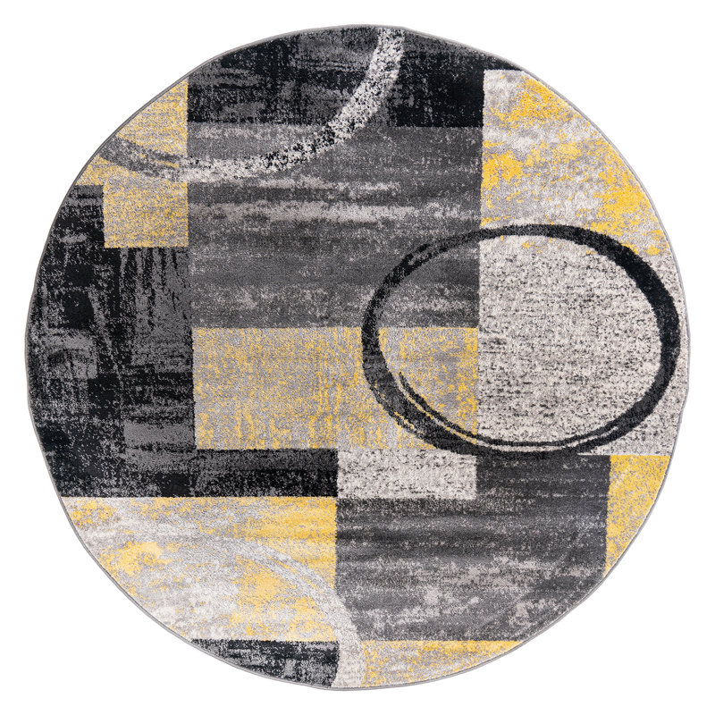 Tapis moderne performance gris, ivoire et bleu à motif abstrait Fanton, Jaune, Rond 6 pi 6 po