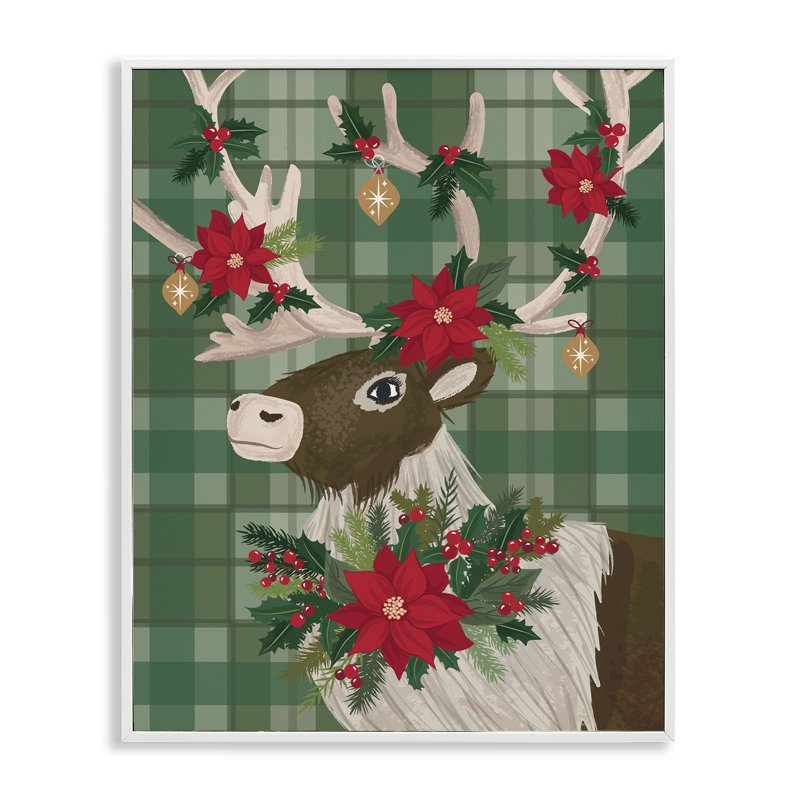 «Festive Deer with Poinsettia», art de la giclée encadrée, design par Lisa Perry White, H 14 po x l 11 po