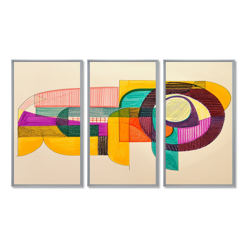 Ensemble de salon Organic Shapes Retro Colors - Geometric Wall Art, Encadrement argenté, H 28 po x l 36 po x P 1 po