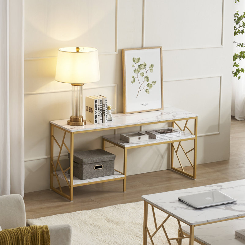White Sofa Table, Narrow Entryway Table With Storage Shelf, Faux Marble Top Console Table