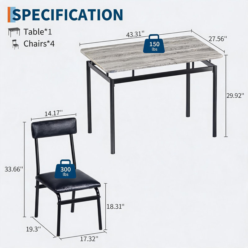 Ensemble table et chaises 5 pièces pour 4 personnes, gain de place - Plateau en bois brun moderne, structure en métal, 4 chaises rembourrées en PU - Montage facile, idéal pour la cuisine et la salle à manger