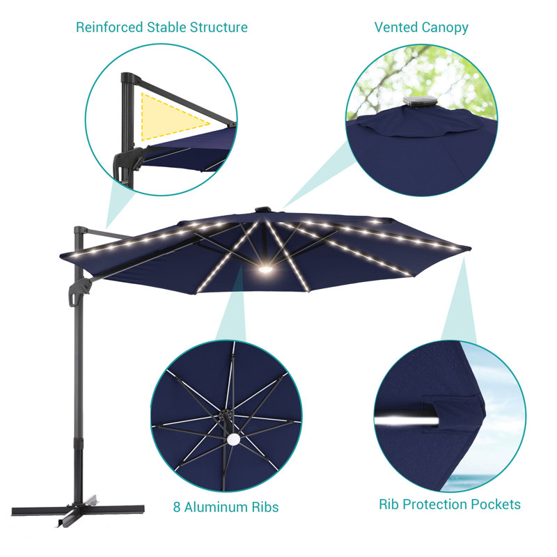Parasol en porte-à-faux éclairé avec manivelle 132 po Agace inclus, Bleu marine